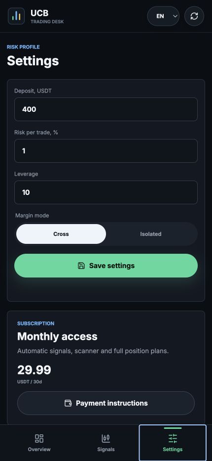 UCB Trading personalised risk settings